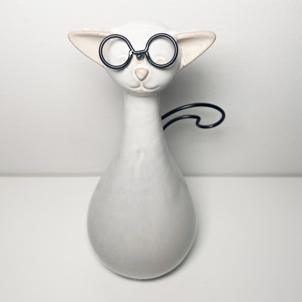 Ceramic Cat with Round Glasses, White, Cat Decor - Picture 4 of 5